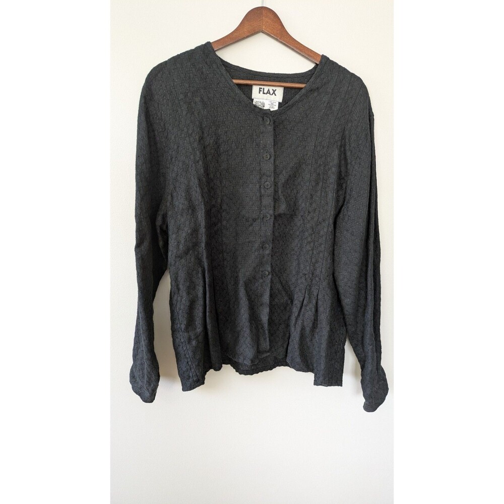 Flax Womens Linen Top M Button Front Lagenlook Pleated Textured Minimalist Black